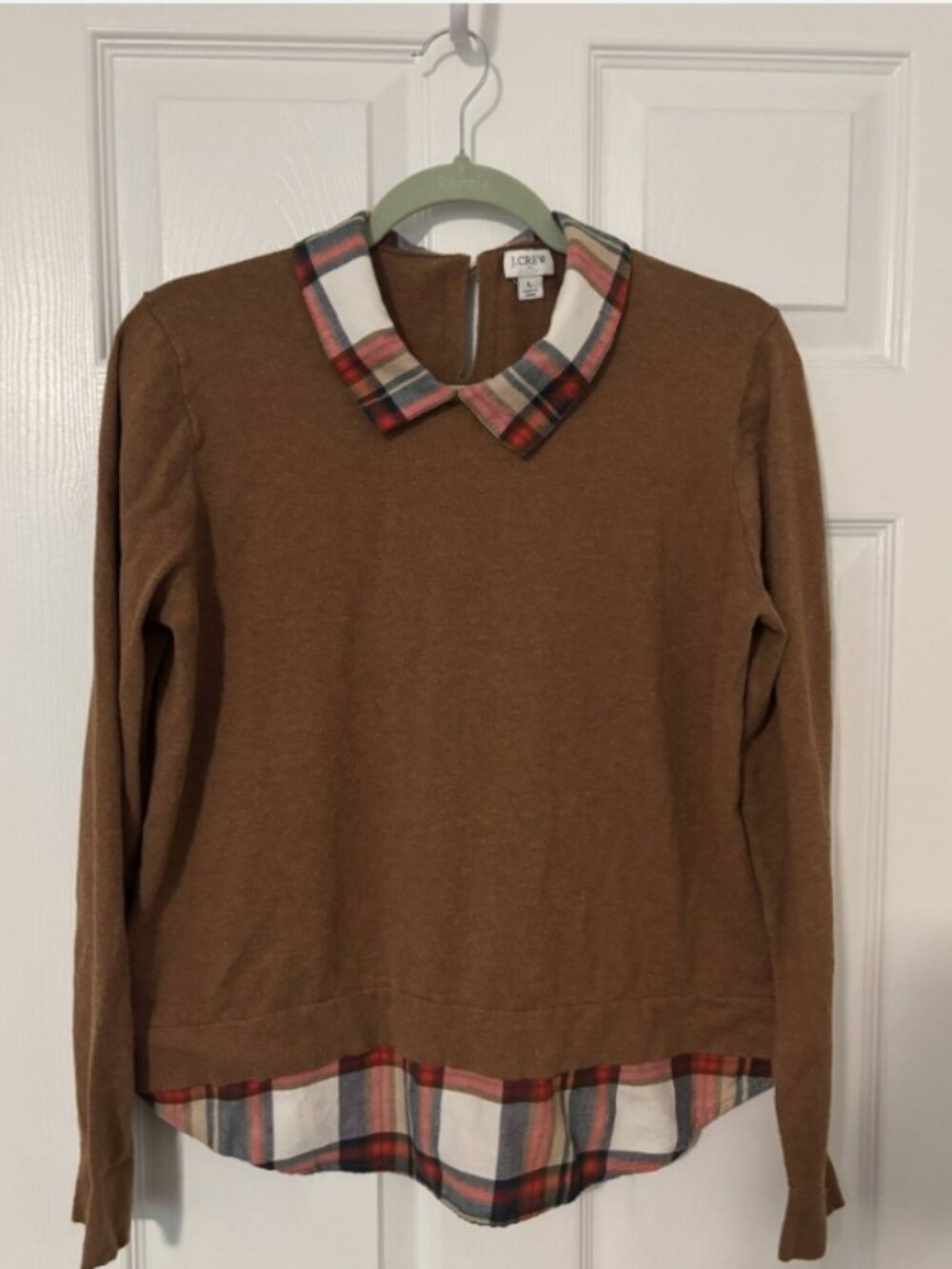 J.Crew Plaid Woven Collar & Hem Layered Look Sweater Brown Size Large